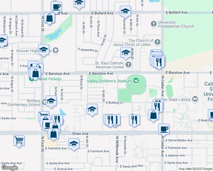 map of restaurants, bars, coffee shops, grocery stores, and more near 5322 North 6th Street in Fresno