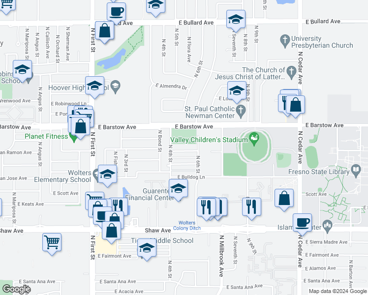 map of restaurants, bars, coffee shops, grocery stores, and more near 1346 East San Ramon Avenue in Fresno