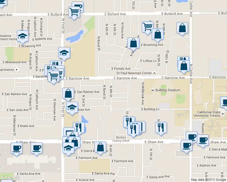 map of restaurants, bars, coffee shops, grocery stores, and more near 1346 East San Ramon Avenue in Fresno