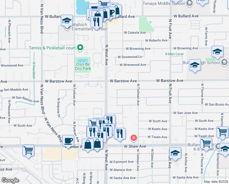 map of restaurants, bars, coffee shops, grocery stores, and more near 1725 West San Madele Avenue in Fresno