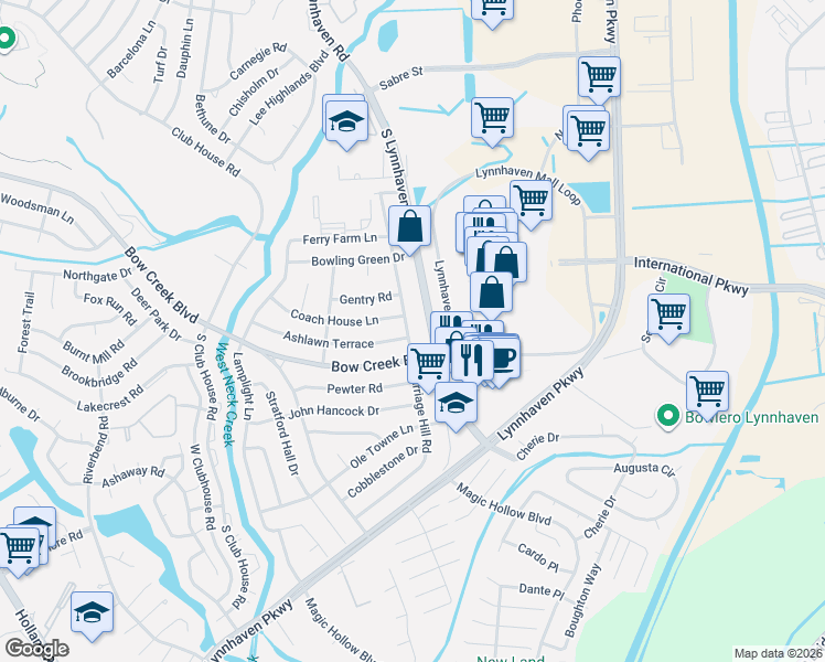 map of restaurants, bars, coffee shops, grocery stores, and more near 3009 Coach House Lane in Virginia Beach