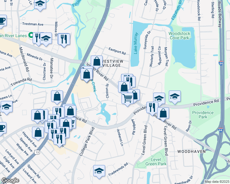map of restaurants, bars, coffee shops, grocery stores, and more near 844 Clinton Street in Virginia Beach