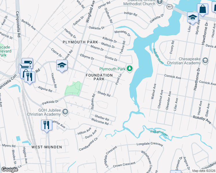 map of restaurants, bars, coffee shops, grocery stores, and more near 2004 Timber Lane in Chesapeake