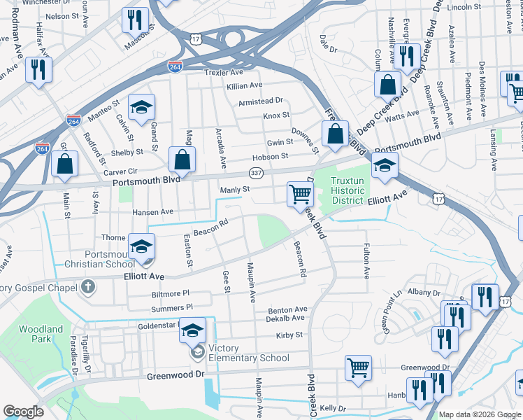 map of restaurants, bars, coffee shops, grocery stores, and more near 56 Pennock Street in Portsmouth