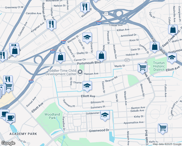 map of restaurants, bars, coffee shops, grocery stores, and more near 120 Truxton Avenue in Portsmouth