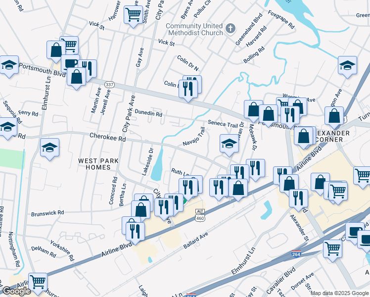 map of restaurants, bars, coffee shops, grocery stores, and more near 101 Navajo Trail in Portsmouth