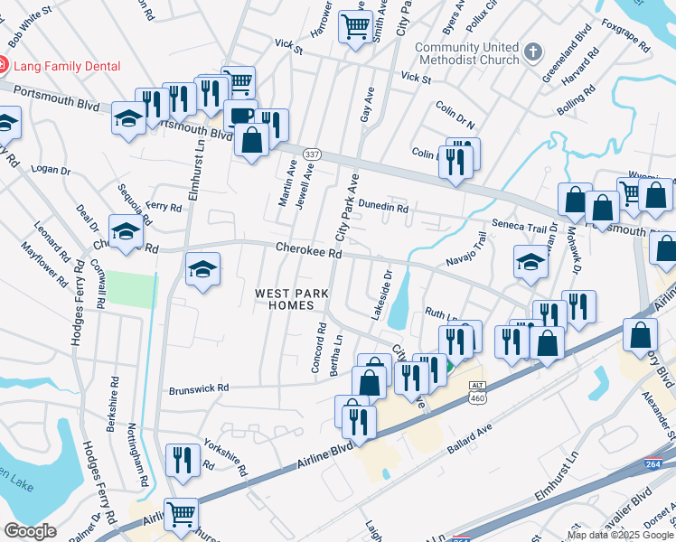 map of restaurants, bars, coffee shops, grocery stores, and more near 1505 City Park Avenue in Portsmouth