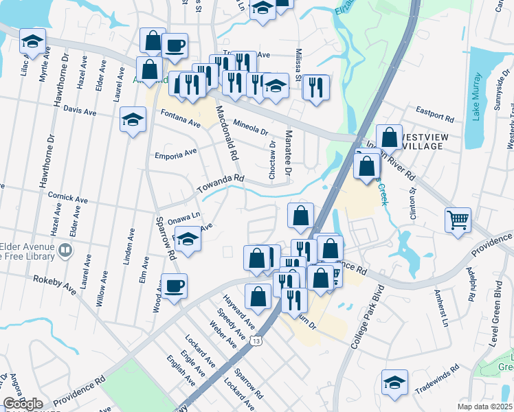 map of restaurants, bars, coffee shops, grocery stores, and more near 1012 Carrington Avenue in Virginia Beach