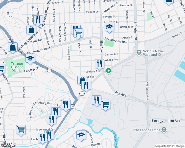 map of restaurants, bars, coffee shops, grocery stores, and more near 612 Oak Street in Portsmouth