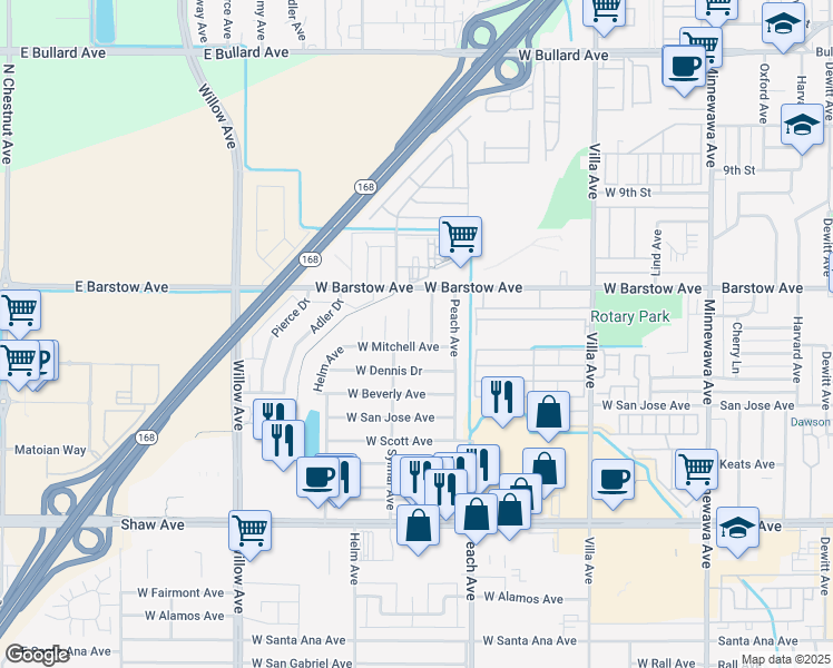map of restaurants, bars, coffee shops, grocery stores, and more near 1324 Terry Avenue in Clovis