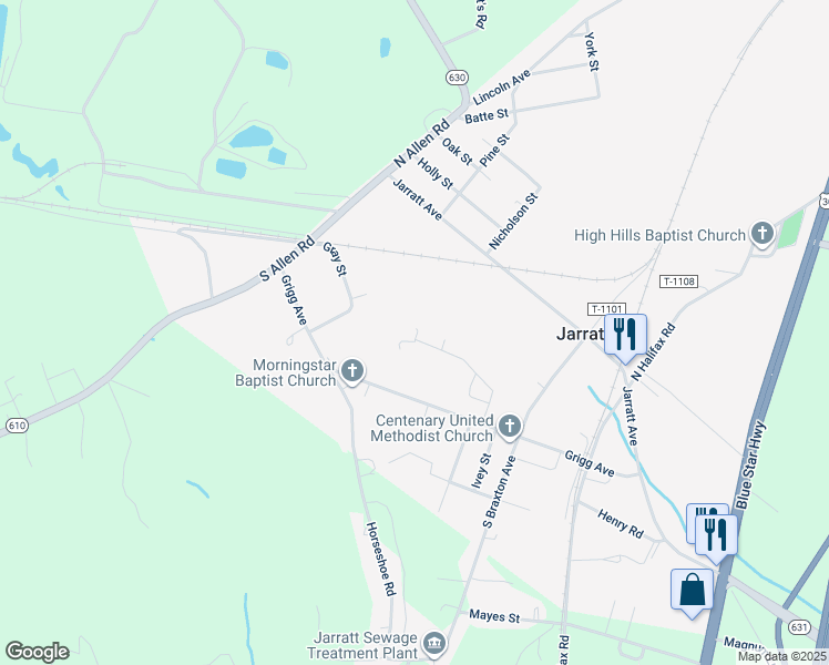 map of restaurants, bars, coffee shops, grocery stores, and more near 233 Park Street in Jarratt