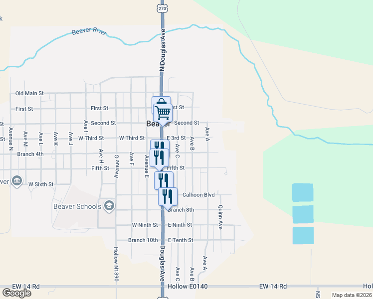 map of restaurants, bars, coffee shops, grocery stores, and more near 116 East 4th Street in Beaver