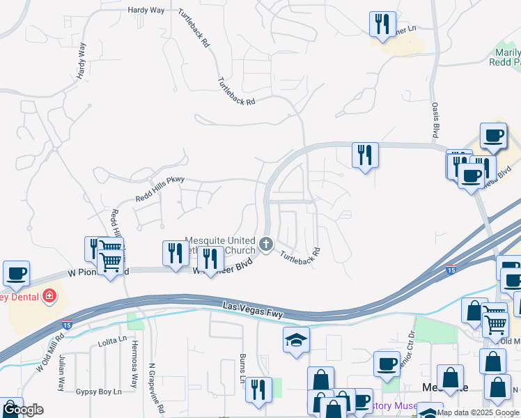 map of restaurants, bars, coffee shops, grocery stores, and more near 497 Canyon Drive in Mesquite