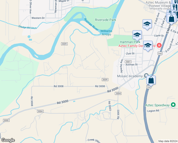 map of restaurants, bars, coffee shops, grocery stores, and more near 35 Road 3009 in Aztec