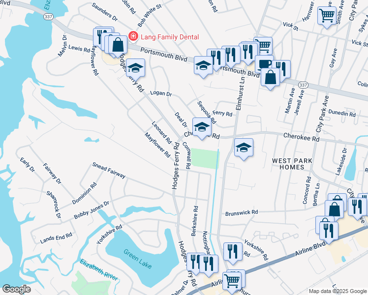 map of restaurants, bars, coffee shops, grocery stores, and more near 400 Cornwall Road in Portsmouth