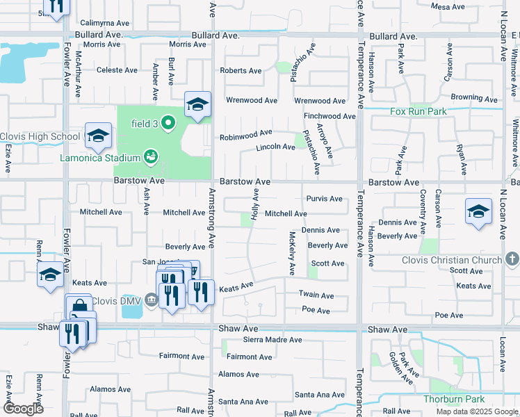 map of restaurants, bars, coffee shops, grocery stores, and more near 2415 Mitchell Avenue in Clovis