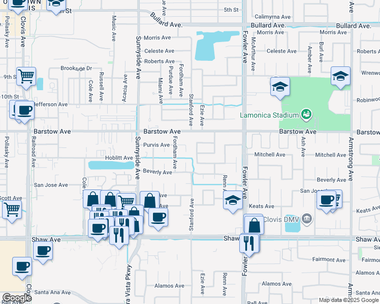 map of restaurants, bars, coffee shops, grocery stores, and more near 1333 Purvis Court in Clovis