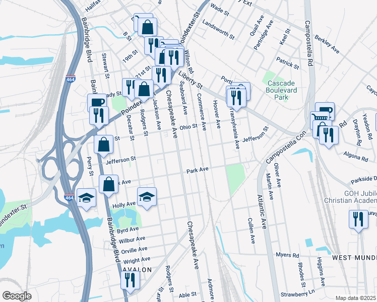 map of restaurants, bars, coffee shops, grocery stores, and more near 1400 Jefferson Street in Chesapeake
