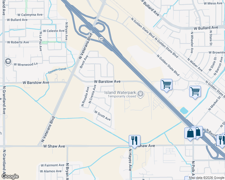 map of restaurants, bars, coffee shops, grocery stores, and more near 5435 North Contessa Avenue in Fresno