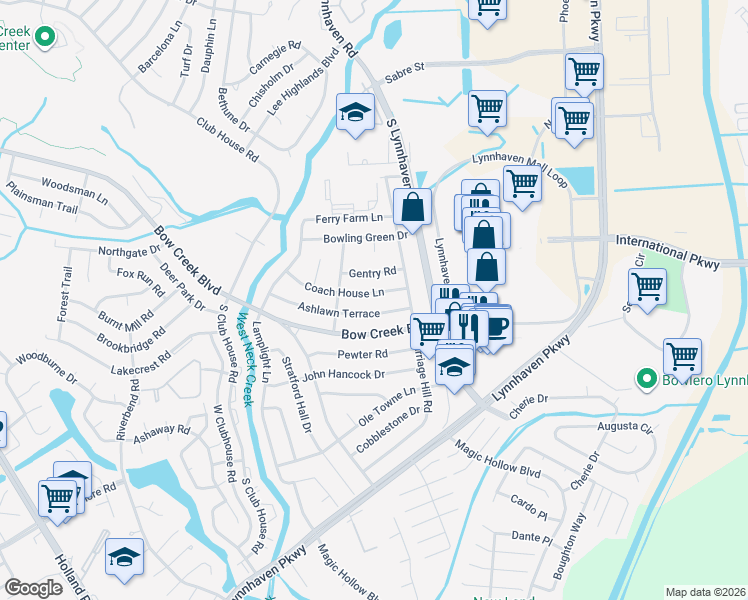map of restaurants, bars, coffee shops, grocery stores, and more near 3033 Coach House Lane in Virginia Beach