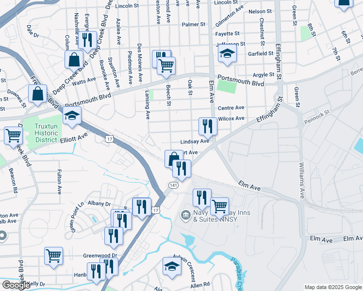 map of restaurants, bars, coffee shops, grocery stores, and more near 1403 Lindsay Avenue in Portsmouth