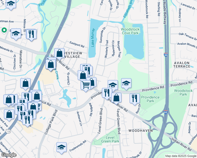 map of restaurants, bars, coffee shops, grocery stores, and more near 6116 Lexington Court in Virginia Beach
