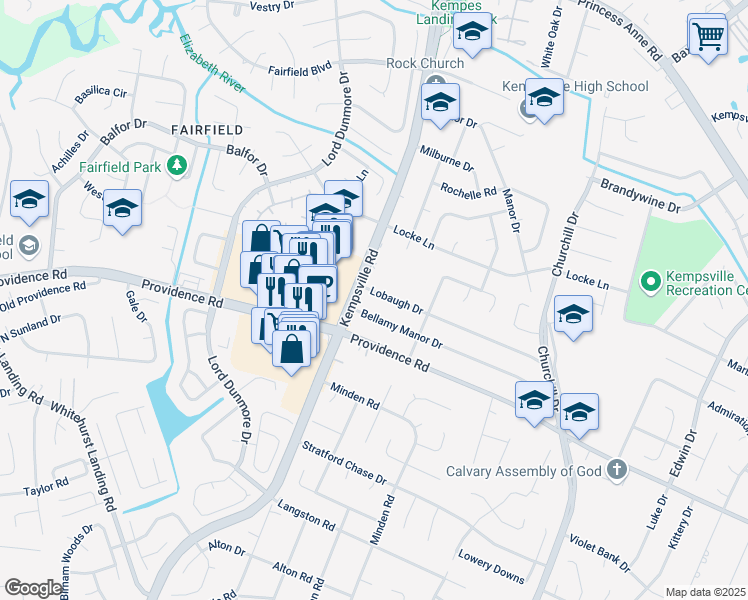 map of restaurants, bars, coffee shops, grocery stores, and more near 5153 Lobaugh Drive in Virginia Beach