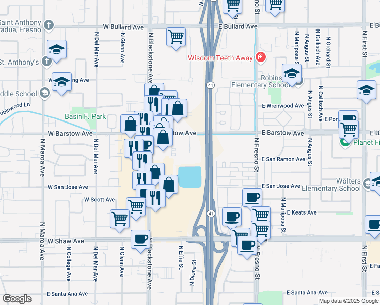 map of restaurants, bars, coffee shops, grocery stores, and more near 5322 North Diana Avenue in Fresno
