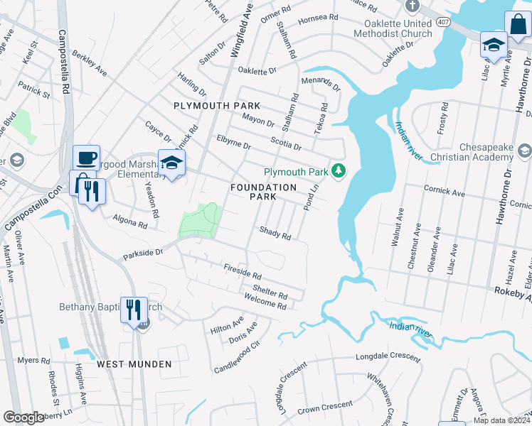 map of restaurants, bars, coffee shops, grocery stores, and more near 2013 Flower Lane in Chesapeake