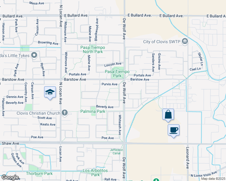 map of restaurants, bars, coffee shops, grocery stores, and more near 3355 Mitchell Avenue in Clovis