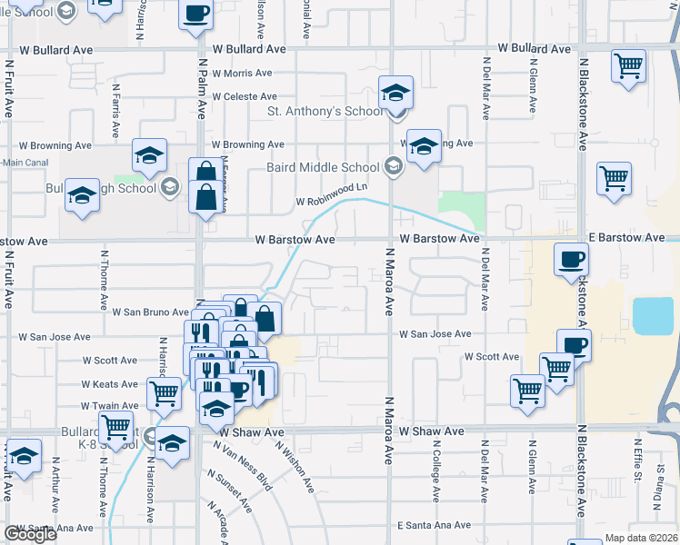 map of restaurants, bars, coffee shops, grocery stores, and more near 5312 North Colonial Avenue in Fresno