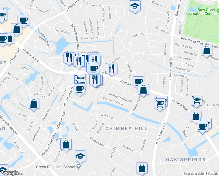 map of restaurants, bars, coffee shops, grocery stores, and more near 3721 Chimney Creek Drive in Virginia Beach