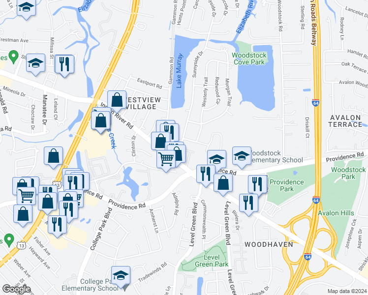 map of restaurants, bars, coffee shops, grocery stores, and more near 6116 Lexington Court in Virginia Beach