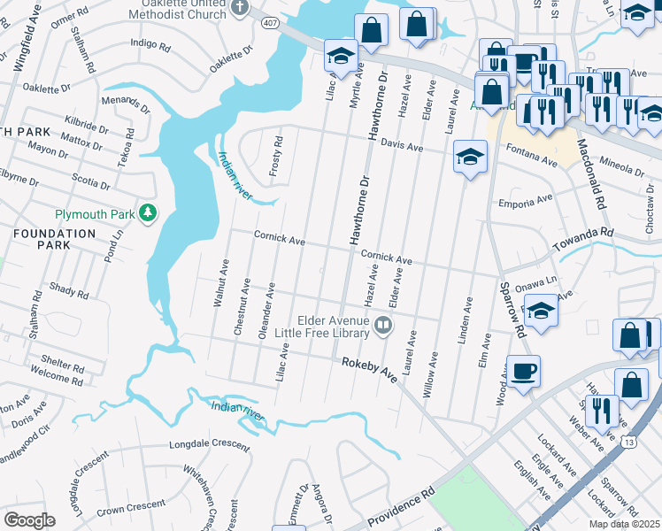 map of restaurants, bars, coffee shops, grocery stores, and more near 1407 Hawthorne Drive in Chesapeake