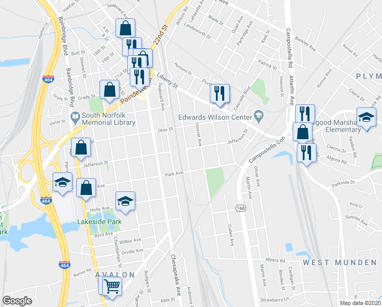 map of restaurants, bars, coffee shops, grocery stores, and more near 1301 Commerce Avenue in Chesapeake
