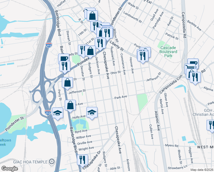 map of restaurants, bars, coffee shops, grocery stores, and more near 1238 Chesapeake Avenue in Chesapeake