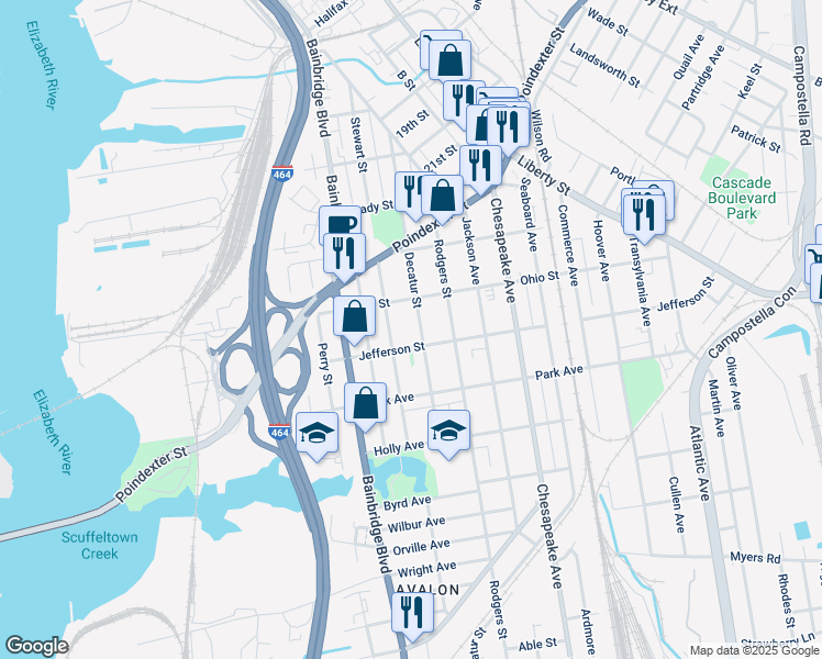 map of restaurants, bars, coffee shops, grocery stores, and more near 1230 Decatur Street in Chesapeake