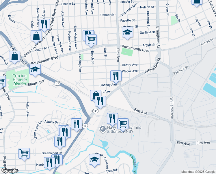map of restaurants, bars, coffee shops, grocery stores, and more near 612 Oak Street in Portsmouth