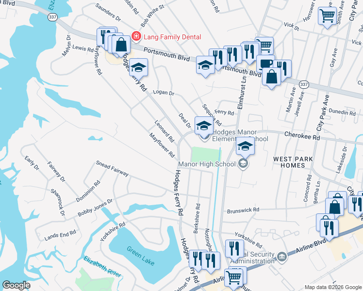 map of restaurants, bars, coffee shops, grocery stores, and more near 400 Cornwall Road in Portsmouth