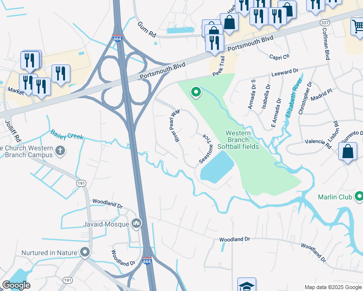 map of restaurants, bars, coffee shops, grocery stores, and more near 2016 River Pearl Way in Chesapeake