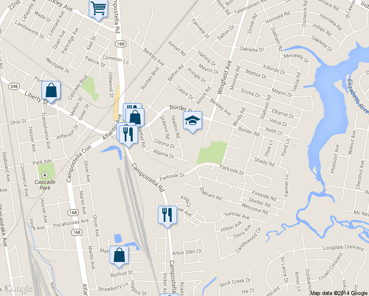 map of restaurants, bars, coffee shops, grocery stores, and more near 1401 Yeadon Road in Chesapeake