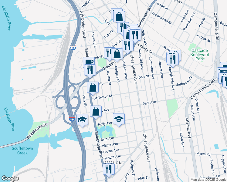 map of restaurants, bars, coffee shops, grocery stores, and more near 1235 Decatur Street in Chesapeake