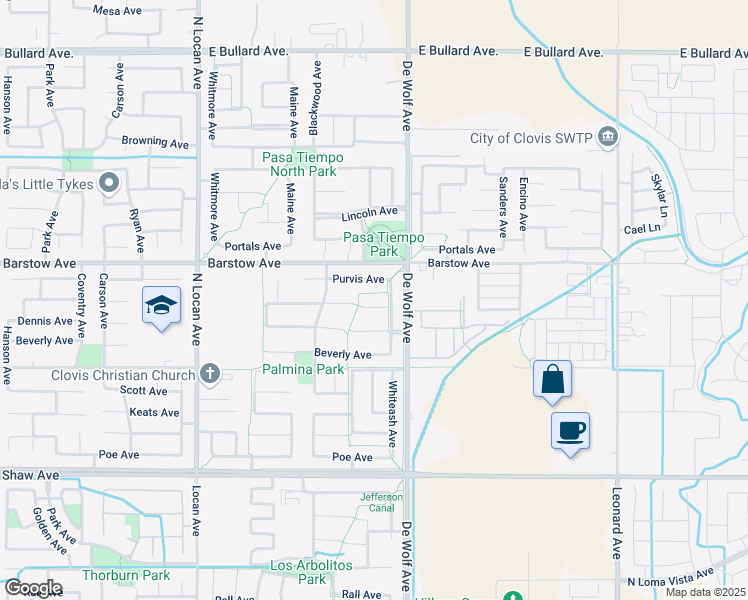 map of restaurants, bars, coffee shops, grocery stores, and more near 3355 Mitchell Avenue in Clovis