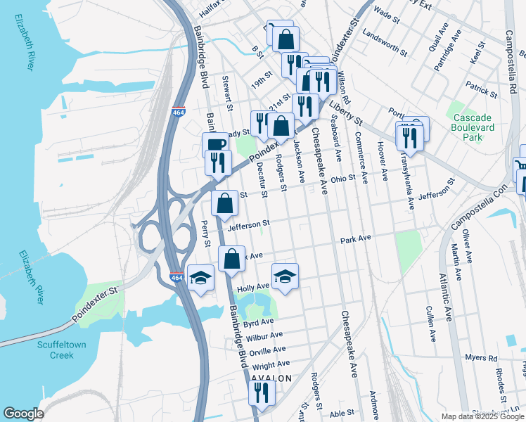 map of restaurants, bars, coffee shops, grocery stores, and more near 1230 Decatur Street in Chesapeake