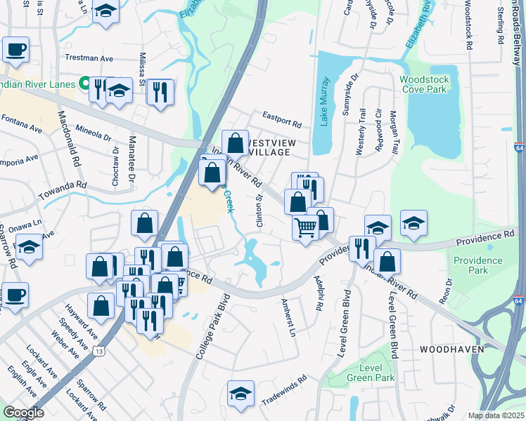 map of restaurants, bars, coffee shops, grocery stores, and more near 844 Clinton St in Virginia Beach