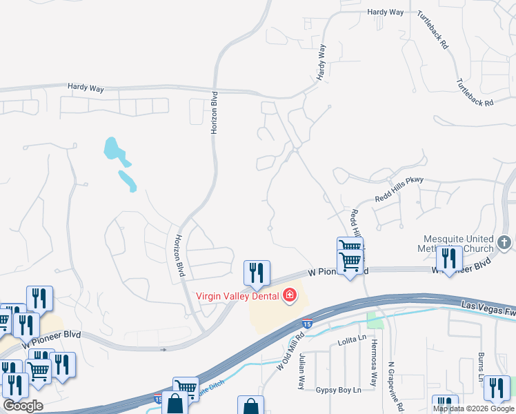 map of restaurants, bars, coffee shops, grocery stores, and more near 493 Rolling Hills Drive in Mesquite