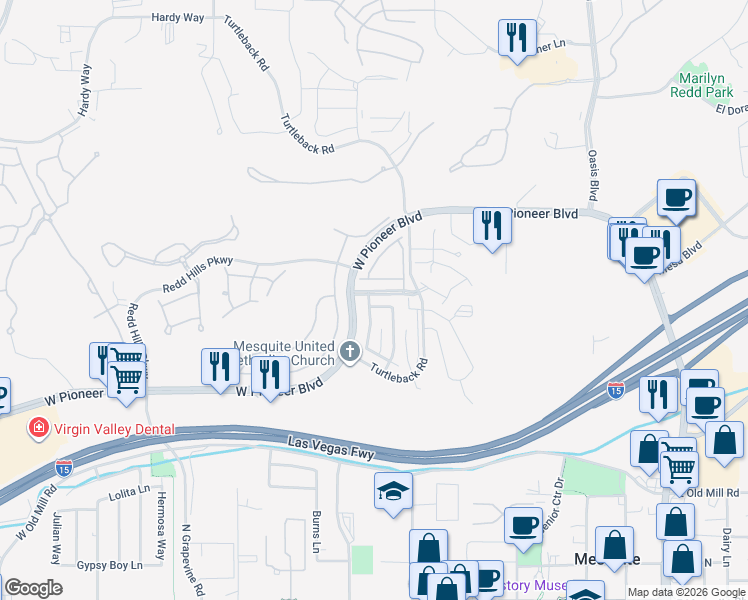 map of restaurants, bars, coffee shops, grocery stores, and more near 498 Canyon View Way in Mesquite