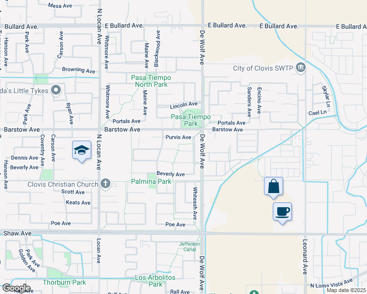 map of restaurants, bars, coffee shops, grocery stores, and more near 3355 Mitchell Avenue in Clovis