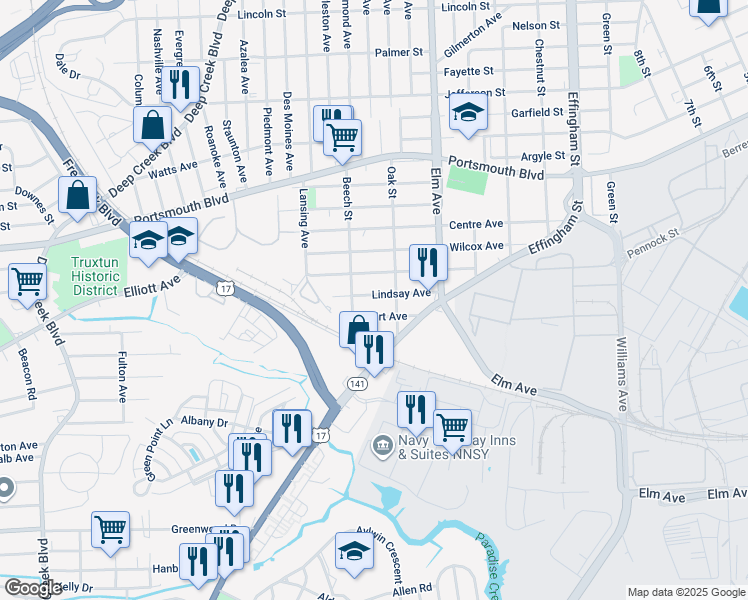 map of restaurants, bars, coffee shops, grocery stores, and more near 1403 Lindsay Avenue in Portsmouth