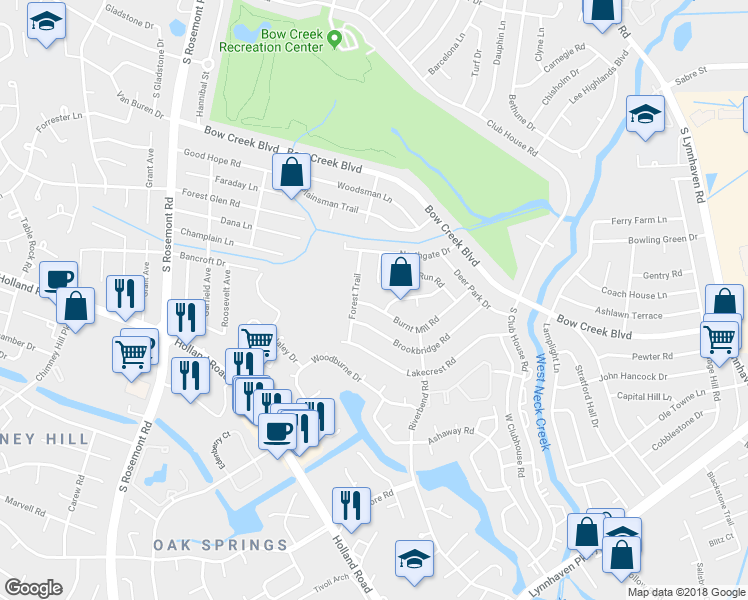 map of restaurants, bars, coffee shops, grocery stores, and more near 3332 Burnt Mill Road in Virginia Beach